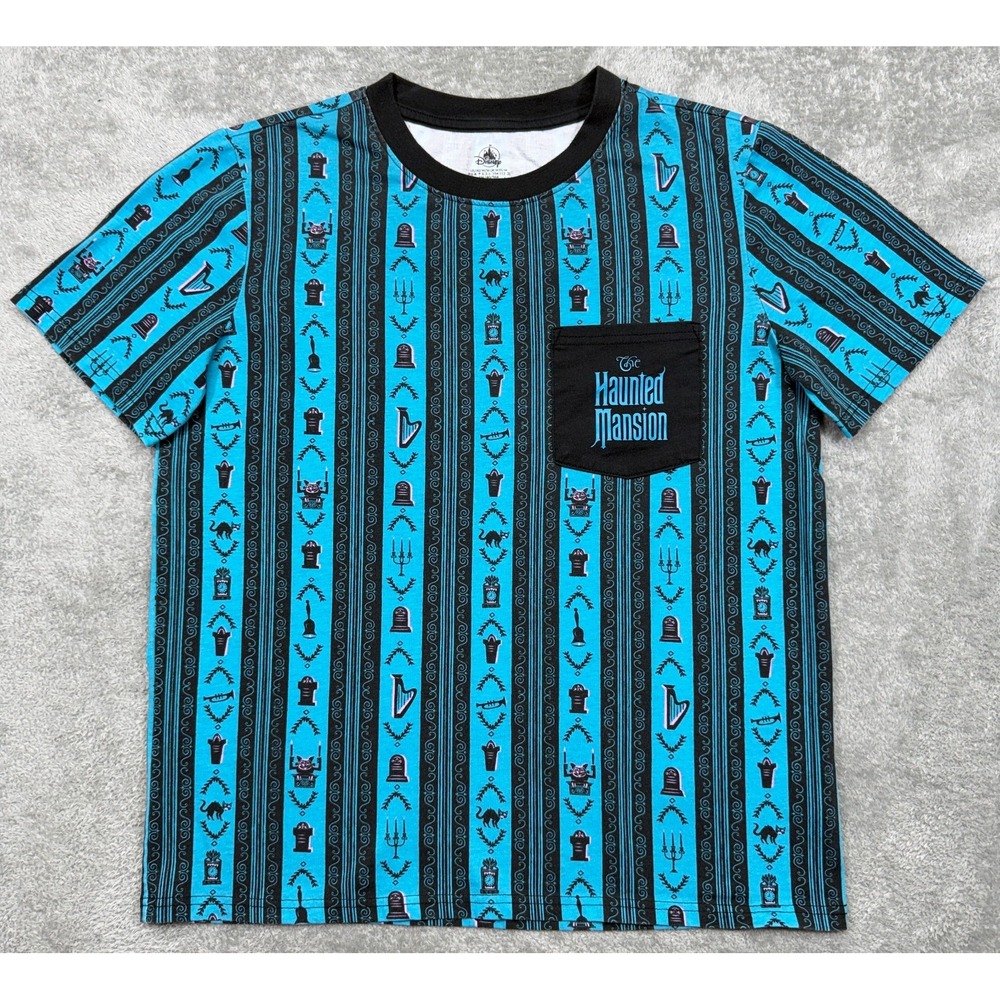 Disney Mens Haunted Mansion Shirt Medium Blue Black Stripe Halloween Gothic Tee